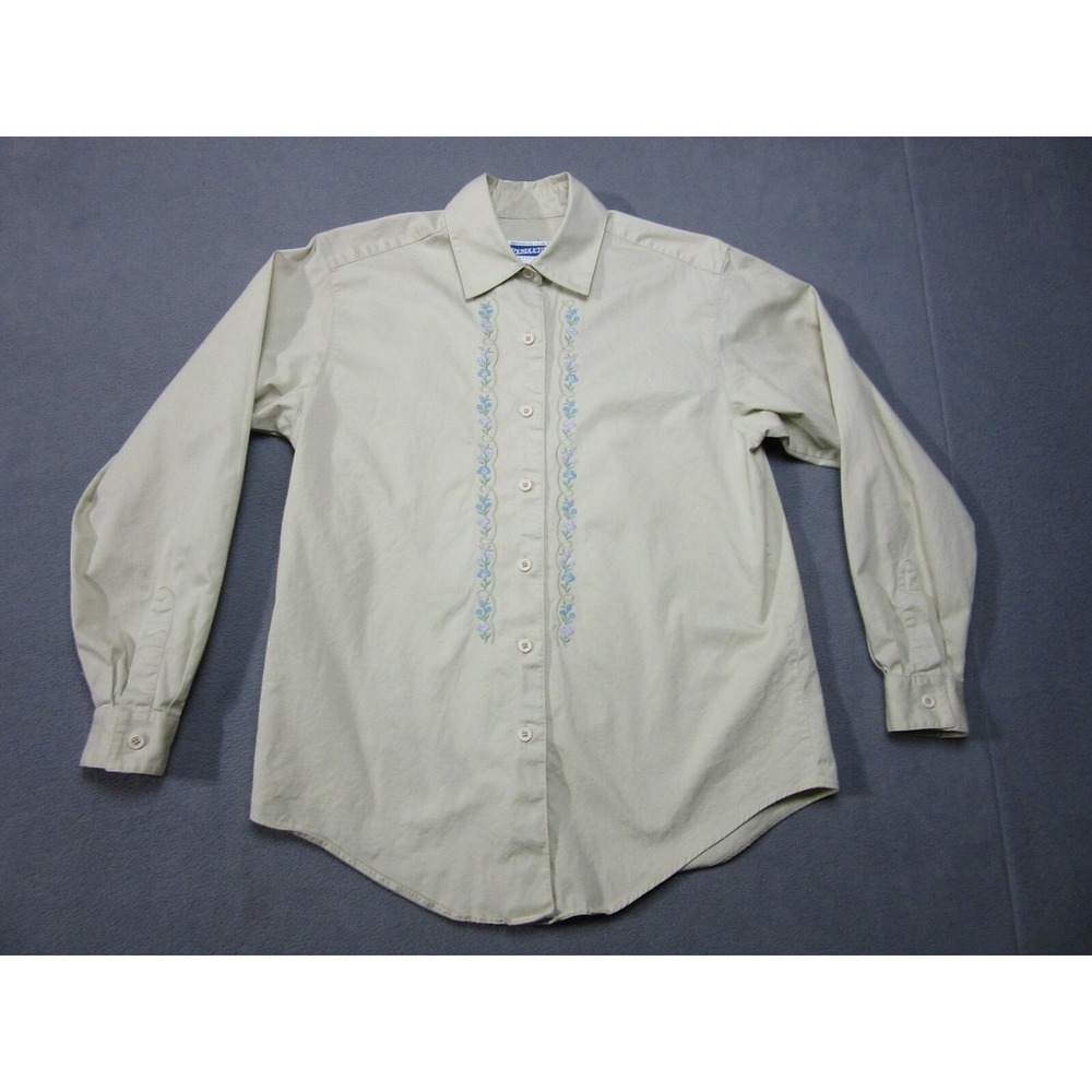 Pendleton Shirt Womens 4 Beige Floral Embroidered Pleated Long Sleeve Button Up